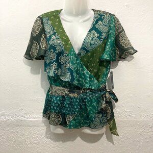 NWT Guess Blouse Short sleeve Ferra Top Sheer Bandana Print Green Side Tie M